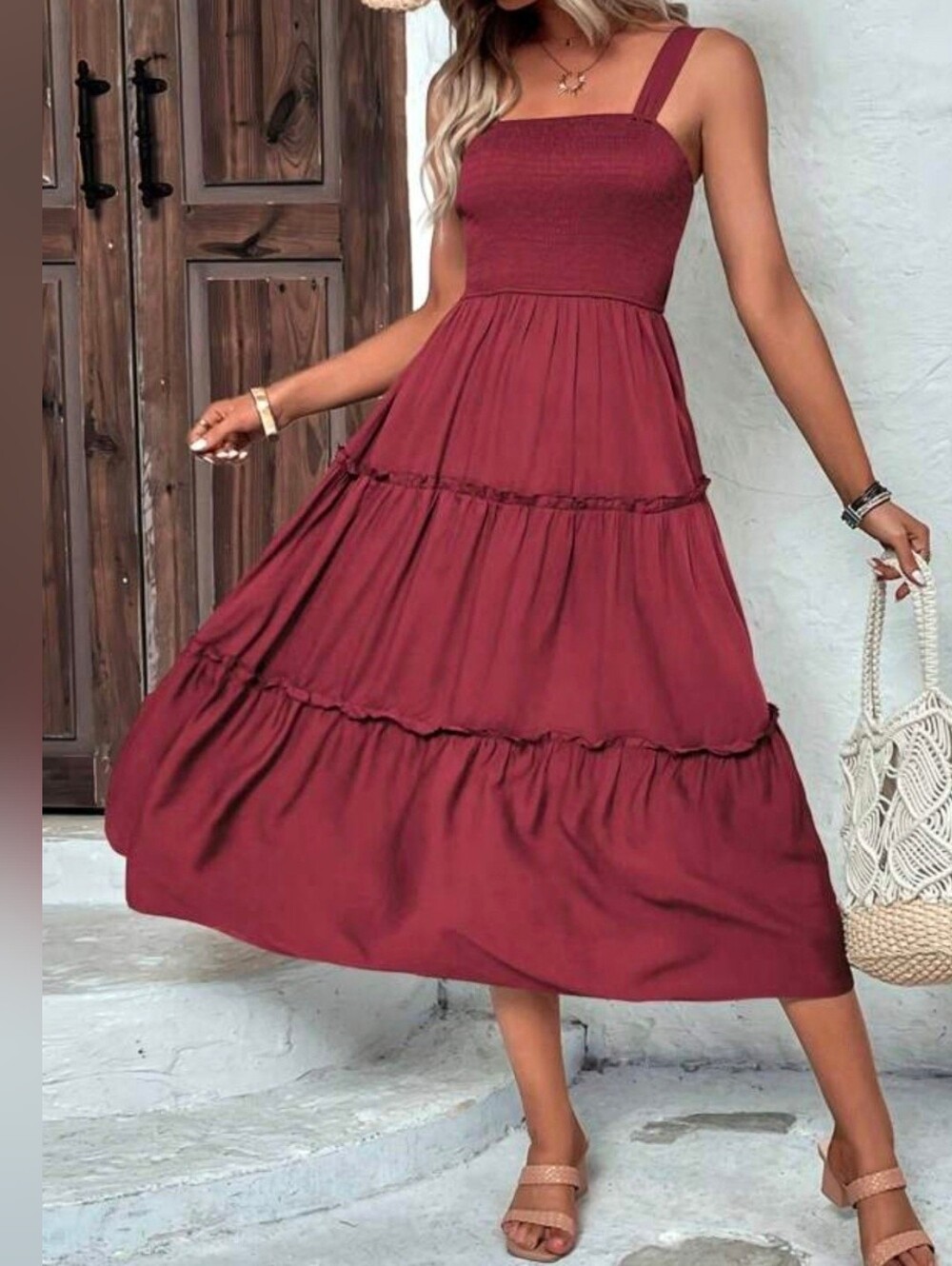 NEW Flowy Smocked Midi Dress Tiered Ruffle Burgundy Red